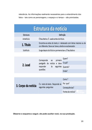 20
relevância. As informações realmente necessárias para o entendimento dos
fatos – tais como as personagens, o espaço e o tempo – são priorizadas.
Observe o esquema a seguir, ele pode auxiliar você, na sua produção.
 