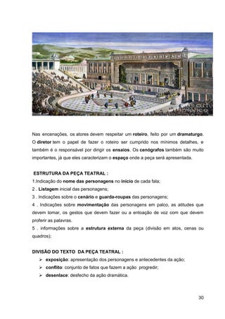 30
Nas encenações, os atores devem respeitar um roteiro, feito por um dramaturgo.
O diretor tem o papel de fazer o roteiro ser cumprido nos mínimos detalhes, e
também é o responsável por dirigir os ensaios. Os cenógrafos também são muito
importantes, já que eles caracterizam o espaço onde a peça será apresentada.
ESTRUTURA DA PEÇA TEATRAL :
1.Indicação do nome das personagens no início de cada fala;
2 . Listagem inicial das personagens;
3 . Indicações sobre o cenário e guarda-roupas das personagens;
4 . Indicações sobre movimentação das personagens em palco, as atitudes que
devem tomar, os gestos que devem fazer ou a entoação de voz com que devem
proferir as palavras.
5 . informações sobre a estrutura externa da peça (divisão em atos, cenas ou
quadros);
DIVISÃO DO TEXTO DA PEÇA TEATRAL :
 exposição: apresentação dos personagens e antecedentes da ação;
 conflito: conjunto de fatos que fazem a ação progredir;
 desenlace: desfecho da ação dramática.
 