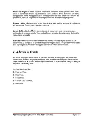 Arvore do Projeto: Contém todos os parâmetros e arquivos do seu projeto. Você pode
clicar no ícone desta árvore, e quando clicar com o botão da direita do mouse um menu
de opções se abrirá. As opções que se abrirão poderão ser para renomear o arquivo de
programas, abrir um programa ou revelar propriedades do arquivo de programas.


Área de Ladder: Nesta pane da janela de aplicação você verá os arquivos de programas
em tempo real. É aqui que você editará o Ladder.


Janela de Resultados: Mostra os resultados da procura em todo o programa, ou a
verificação de erros de projeto. Você pode alterar o tamanho desta janela ou deslocá-la
na janela de aplicação.


Barra de Status: O campo da direita sempre informa o tipo de objeto quando há um
selecionado. O campo da esquerda fornece informações sobre posição da linha no ladder
e dá explicações curtas sobre as opções de menu e botões selecionados.



2 - A Árvore do Projeto

Na árvore do projeto temos todas as pastas e arquivos do seu projeto. As pastas são
organizadas de forma a agrupar elementos afins. Para fechar uma pasta basta dar um
clique no sinal de “+”, e para abri-Ia clique no sinal de “-“ .Como vemos na figura a seguir,
as pastas são as seguintes:


1 - Controlier (controle),
2 - Program Files,
3 - Data Files,
4 - Force Files,
5 - Custom Data Monitors,
6 - Database.




Apostila de programação Ladder – Prof. Pedro Maranhão                             Página 17
 