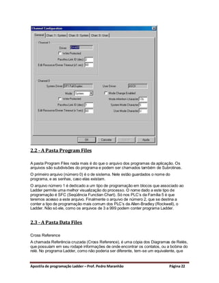 2.2 - A Pasta Program Files

A pasta Program Files nada mais é do que o arquivo dos programas da aplicação. Os
arquivos são subdivisões do programa e podem ser chamados também de Subrotinas.
O primeiro arquivo (número 0) é o de sistema. Nele estão guardados o nome do
programa, e as senhas, caso elas existam.
O arquivo número 1 é dedicado a um tipo de programação em blocos que associado ao
Ladder permite uma melhor visualização do processo. O nome dado a este tipo de
programação é SFC (Seqüência Functian Chart). Só nos PLC’s da Família 5 é que
teremos acesso a este arquivo. Finalmente o arquivo de número 2, que se destina a
conter a tipo de programação mais comum dos PLC’s da Allen-Bradley (Rockwell), o
Ladder. Não só ele, como os arquivos de 3 a 999 podem conter programa Ladder.


2.3 - A Pasta Data Files

Cross Reference
A chamada Referência cruzada (Cross Reference), é uma cópia dos Diagramas de Relés,
que possuíam em seu rodapé informações de onde encontrar os contatos, ou a bobina do
relé. No programa Ladder, como não poderia ser diferente, tem-se um equivalente, que


Apostila de programação Ladder – Prof. Pedro Maranhão                      Página 22
 