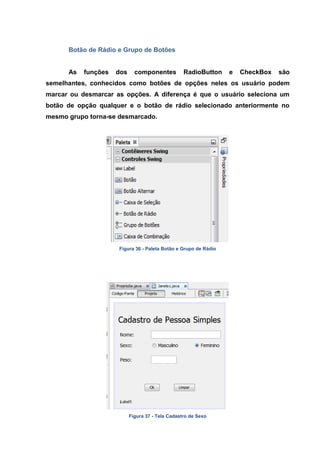 Botão de Rádio e Grupo de Botões 
As funções dos componentes RadioButton e CheckBox são semelhantes, conhecidos como botões de opções neles os usuário podem marcar ou desmarcar as opções. A diferença é que o usuário seleciona um botão de opção qualquer e o botão de rádio selecionado anteriormente no mesmo grupo torna-se desmarcado. 
Figura 36 - Paleta Botão e Grupo de Rádio 
Figura 37 - Tela Cadastro de Sexo  