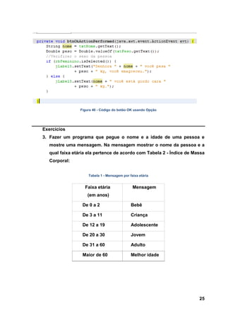 25 
Figura 40 - Código do botão OK usando Opção Exercícios 
3. Fazer um programa que pegue o nome e a idade de uma pessoa e mostre uma mensagem. Na mensagem mostrar o nome da pessoa e a qual faixa etária ela pertence de acordo com Tabela 2 - Índice de Massa Corporal: 
Tabela 1 - Mensagem por faixa etária 
Faixa etária (em anos) 
Mensagem 
De 0 a 2 
Bebê 
De 3 a 11 
Criança 
De 12 a 19 
Adolescente 
De 20 a 30 
Jovem 
De 31 a 60 
Adulto 
Maior de 60 
Melhor idade 
 