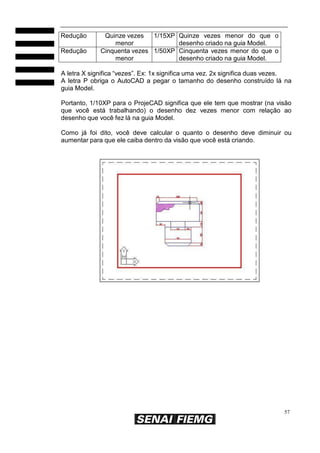Redução
Redução

Quinze vezes
1/15XP Quinze vezes menor do que o
menor
desenho criado na guia Model.
Cinquenta vezes 1/50XP Cinquenta vezes menor do que o
menor
desenho criado na guia Model.

A letra X significa “vezes”. Ex: 1x significa uma vez. 2x significa duas vezes.
A letra P obriga o AutoCAD a pegar o tamanho do desenho construído lá na
guia Model.
Portanto, 1/10XP para o ProjeCAD significa que ele tem que mostrar (na visão
que você está trabalhando) o desenho dez vezes menor com relação ao
desenho que você fez lá na guia Model.
Como já foi dito, você deve calcular o quanto o desenho deve diminuir ou
aumentar para que ele caiba dentro da visão que você está criando.

57

 