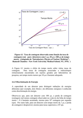 10
7
10
6
10
5
10
4
10
3
10
2
10
2
10
3
10
4
10
5
10
6
10
7
Taxa de Contagem ( cps )
Tempo Morto 1 µ s
10 µ s
100 µ s
Taxa de Contagem Real ( cps )
( t =0 )
Figura 4.1 Taxa de contagem observada como função da taxa de
contagem real, para detectores com 1 µs, 10 µs e 100 µs de tempo
morto. (Adaptado de “Introductory Physics of Nuclear Medicine”,
Ramesh Chandra - New York University Medical School, NY, 1976. )
A Figura 4.1 mostra o efeito do tempo morto sobre várias taxas de
contagem. Para taxas de contagem associadas a radioisótopos
rotineiramente encontrados em rejeitos gerados por laboratórios de
pesquisa, um tempo morto menor que 10 µs é bastante adequado.
4.4.3 Discriminação de Energia
A capacidade de um detector para distinguir radiações de energias
diferentes (por exemplo, dois fótons γ de diferentes energias) é conhecida
como discriminação de energia.
Observa-se que, para um detector com 100 µs, a perda de contagem
(contagem real menos contagem observada) ou o desvio da linha de tempo
morto = 0 é bastante acentuado, mesmo para 103
contagens por segundo
(cps). Por outro lado, para um detector com tempo morto de 1 µs, a perda
de contagem é desprezível, mesmo para taxas superiores a 105
cps.
91
 