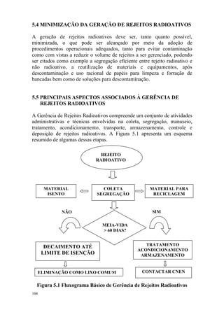 5.4 MINIMIZAÇÃO DA GERAÇÃO DE REJEITOS RADIOATIVOS
A geração de rejeitos radioativos deve ser, tanto quanto possível,
minimizada, o que pode ser alcançado por meio da adoção de
procedimentos operacionais adequados, tanto para evitar contaminação
como com vistas a reduzir o volume de rejeitos a ser gerenciado, podendo
ser citados como exemplo a segregação eficiente entre rejeito radioativo e
não radioativo, a reutilização de materiais e equipamentos, após
descontaminação e uso racional de papéis para limpeza e forração de
bancadas bem como de soluções para descontaminação.
5.5 PRINCIPAIS ASPECTOS ASSOCIADOS À GERÊNCIA DE
REJEITOS RADIOATIVOS
A Gerência de Rejeitos Radioativos compreende um conjunto de atividades
administrativas e técnicas envolvidas na coleta, segregação, manuseio,
tratamento, acondicionamento, transporte, armazenamento, controle e
deposição de rejeitos radioativos. A Figura 5.1 apresenta um esquema
resumido de algumas dessas etapas.
REJEITO
RADIOATIVO
COLETA
SEGREGAÇÃO
MATERIAL
ISENTO
MATERIAL PARA
RECICLAGEM
MEIA-VIDA
> 60 DIAS?
DECAIMENTO ATÉ
LIMITE DE ISENÇÃO
ELIMINAÇÃO COMO LIXO COMUM
TRATAMENTO
ACONDICIONAMENTO
ARMAZENAMENTO
NÃO SIM
CONTACTAR CNEN
Figura 5.1 Fluxograma Básico de Gerência de Rejeitos Radioativos
104
 