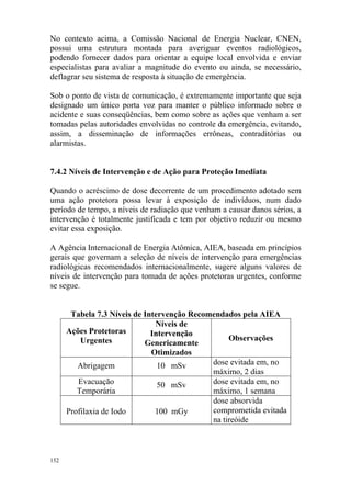 152
No contexto acima, a Comissão Nacional de Energia Nuclear, CNEN,
possui uma estrutura montada para averiguar eventos radiológicos,
podendo fornecer dados para orientar a equipe local envolvida e enviar
especialistas para avaliar a magnitude do evento ou ainda, se necessário,
deflagrar seu sistema de resposta à situação de emergência.
Sob o ponto de vista de comunicação, é extremamente importante que seja
designado um único porta voz para manter o público informado sobre o
acidente e suas conseqüências, bem como sobre as ações que venham a ser
tomadas pelas autoridades envolvidas no controle da emergência, evitando,
assim, a disseminação de informações errôneas, contraditórias ou
alarmistas.
7.4.2 Níveis de Intervenção e de Ação para Proteção Imediata
Quando o acréscimo de dose decorrente de um procedimento adotado sem
uma ação protetora possa levar à exposição de indivíduos, num dado
período de tempo, a níveis de radiação que venham a causar danos sérios, a
intervenção é totalmente justificada e tem por objetivo reduzir ou mesmo
evitar essa exposição.
A Agência Internacional de Energia Atômica, AIEA, baseada em princípios
gerais que governam a seleção de níveis de intervenção para emergências
radiológicas recomendados internacionalmente, sugere alguns valores de
níveis de intervenção para tomada de ações protetoras urgentes, conforme
se segue.
Tabela 7.3 Níveis de Intervenção Recomendados pela AIEA
Ações Protetoras
Urgentes
Níveis de
Intervenção
Genericamente
Otimizados
Observações
Abrigagem 10 mSv dose evitada em, no
máximo, 2 dias
Evacuação
Temporária
50 mSv dose evitada em, no
máximo, 1 semana
Profilaxia de Iodo 100 mGy
dose absorvida
comprometida evitada
na tireóide
 