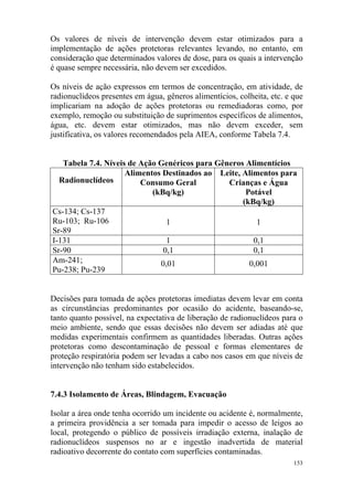 153
Os valores de níveis de intervenção devem estar otimizados para a
implementação de ações protetoras relevantes levando, no entanto, em
consideração que determinados valores de dose, para os quais a intervenção
é quase sempre necessária, não devem ser excedidos.
Os níveis de ação expressos em termos de concentração, em atividade, de
radionuclídeos presentes em água, gêneros alimentícios, colheita, etc. e que
implicariam na adoção de ações protetoras ou remediadoras como, por
exemplo, remoção ou substituição de suprimentos específicos de alimentos,
água, etc. devem estar otimizados, mas não devem exceder, sem
justificativa, os valores recomendados pela AIEA, conforme Tabela 7.4.
Tabela 7.4. Níveis de Ação Genéricos para Gêneros Alimentícios
Radionuclídeos
Alimentos Destinados ao
Consumo Geral
(kBq/kg)
Leite, Alimentos para
Crianças e Água
Potável
(kBq/kg)
Cs-134; Cs-137
Ru-103; Ru-106
Sr-89
1 1
I-131 1 0,1
Sr-90 0,1 0,1
Am-241;
Pu-238; Pu-239
0,01 0,001
Decisões para tomada de ações protetoras imediatas devem levar em conta
as circunstâncias predominantes por ocasião do acidente, baseando-se,
tanto quanto possível, na expectativa de liberação de radionuclídeos para o
meio ambiente, sendo que essas decisões não devem ser adiadas até que
medidas experimentais confirmem as quantidades liberadas. Outras ações
protetoras como descontaminação de pessoal e formas elementares de
proteção respiratória podem ser levadas a cabo nos casos em que níveis de
intervenção não tenham sido estabelecidos.
7.4.3 Isolamento de Áreas, Blindagem, Evacuação
Isolar a área onde tenha ocorrido um incidente ou acidente é, normalmente,
a primeira providência a ser tomada para impedir o acesso de leigos ao
local, protegendo o público de possíveis irradiação externa, inalação de
radionuclídeos suspensos no ar e ingestão inadvertida de material
radioativo decorrente do contato com superfícies contaminadas.
 