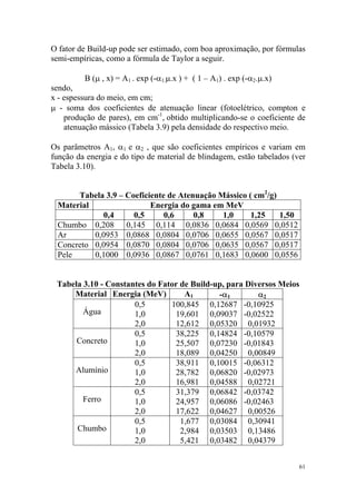 61
O fator de Build-up pode ser estimado, com boa aproximação, por fórmulas
semi-empíricas, como a fórmula de Taylor a seguir.
B (µ , x) = A1 . exp (-α1.µ.x ) + ( 1 – A1) . exp (-α2.µ.x)
sendo,
x - espessura do meio, em cm;
µ - soma dos coeficientes de atenuação linear (fotoelétrico, compton e
produção de pares), em cm-1
, obtido multiplicando-se o coeficiente de
atenuação mássico (Tabela 3.9) pela densidade do respectivo meio.
Os parâmetros A1, α1 e α2 , que são coeficientes empíricos e variam em
função da energia e do tipo de material de blindagem, estão tabelados (ver
Tabela 3.10).
Tabela 3.9 – Coeficiente de Atenuação Mássico ( cm2
/g)
Material Energia do gama em MeV
0,4 0,5 0,6 0,8 1,0 1,25 1,50
Chumbo 0,208 0,145 0,114 0,0836 0,0684 0,0569 0,0512
Ar 0,0953 0,0868 0,0804 0,0706 0,0655 0,0567 0,0517
Concreto 0,0954 0,0870 0,0804 0,0706 0,0635 0,0567 0,0517
Pele 0,1000 0,0936 0,0867 0,0761 0,1683 0,0600 0,0556
Tabela 3.10 - Constantes do Fator de Build-up, para Diversos Meios
Material Energia (MeV) A1 -α1 α2
Água
0,5
1,0
2,0
100,845
19,601
12,612
0,12687
0,09037
0,05320
-0,10925
-0,02522
0,01932
Concreto
0,5
1,0
2,0
38,225
25,507
18,089
0,14824
0,07230
0,04250
-0,10579
-0,01843
0,00849
Alumínio
0,5
1,0
2,0
38,911
28,782
16,981
0,10015
0,06820
0,04588
-0,06312
-0,02973
0,02721
Ferro
0,5
1,0
2,0
31,379
24,957
17,622
0,06842
0,06086
0,04627
-0,03742
-0,02463
0,00526
Chumbo
0,5
1,0
2,0
1,677
2,984
5,421
0,03084
0,03503
0,03482
0,30941
0,13486
0,04379
 