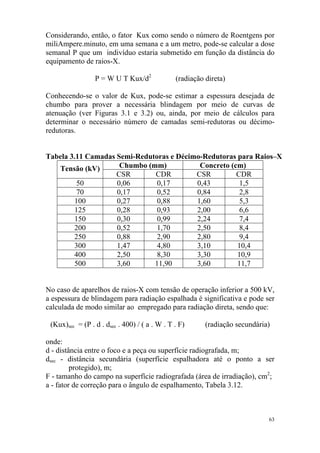 63
Considerando, então, o fator Kux como sendo o número de Roentgens por
miliAmpere.minuto, em uma semana e a um metro, pode-se calcular a dose
semanal P que um indivíduo estaria submetido em função da distância do
equipamento de raios-X.
P = W U T Kux/d2
(radiação direta)
Conhecendo-se o valor de Kux, pode-se estimar a espessura desejada de
chumbo para prover a necessária blindagem por meio de curvas de
atenuação (ver Figuras 3.1 e 3.2) ou, ainda, por meio de cálculos para
determinar o necessário número de camadas semi-redutoras ou décimo-
redutoras.
Tabela 3.11 Camadas Semi-Redutoras e Décimo-Redutoras para Raios–X
Chumbo (mm) Concreto (cm)Tensão (kV)
CSR CDR CSR CDR
50 0,06 0,17 0,43 1,5
70 0,17 0,52 0,84 2,8
100 0,27 0,88 1,60 5,3
125 0,28 0,93 2,00 6,6
150 0,30 0,99 2,24 7,4
200 0,52 1,70 2,50 8,4
250 0,88 2,90 2,80 9,4
300 1,47 4,80 3,10 10,4
400 2,50 8,30 3,30 10,9
500 3,60 11,90 3,60 11,7
No caso de aparelhos de raios-X com tensão de operação inferior a 500 kV,
a espessura de blindagem para radiação espalhada é significativa e pode ser
calculada de modo similar ao empregado para radiação direta, sendo que:
(Kux)sec = (P . d . dsec . 400) / ( a . W . T . F) (radiação secundária)
onde:
d - distância entre o foco e a peça ou superfície radiografada, m;
dsec - distância secundária (superfície espalhadora até o ponto a ser
protegido), m;
F - tamanho do campo na superfície radiografada (área de irradiação), cm2
;
a - fator de correção para o ângulo de espalhamento, Tabela 3.12.
 