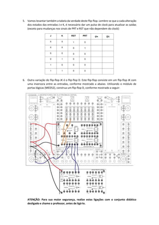 5. Vamos levantar também a tabela da verdade deste flip-flop. Lembre-se que a cada alteração
dos estados das entradas J e K, é necessário dar um pulso de clock para atualizar as saídas
(exceto para mudanças nos sinais de PRT e RST que não dependem do clock):
6. Outra variação do flip-flop JK é o flip-flop D. Este flip-flop consiste em um flip-flop JK com
uma inversora entre as entradas, conforme mostrado a abaixo. Utilizando o módulo de
portas lógicas (MED52), construa um flip-flop D, conforme mostrado a seguir:
ATENÇÃO: Para sua maior segurança, realize estas ligações com o conjunto didático
desligado e chame o professor, antes de ligá-lo.
 