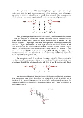 Para representar números utilizando sinais digitais, prosseguimos de maneira análoga,
porém, como cada sinal pode apresentar apenas 2 valores possíveis, a base utilizada para
representar os números é a base binária, ou base 2. Nesta base cada dígito pode apresentar
valor 0 ou 1, e corresponde a uma potência de 2, conforme mostrado na figura a seguir:
Assim, podemos perceber que o número binário 1101, corresponde ao número decimal
13. Note que, enquanto na base decimal podemos representar números até 9999 utilizando
quatro dígitos, na base binária com quatro dígitos, representamos no máximo 1111, que
equivale ao decimal 15. Apenas por curiosidade, para representar o número 9999 em binário,
utilizamos 14 dígitos (10011100001111). Cada dígito binário é comumente chamado de bit,
assim dizemos que 1111 é um número binário de 4 bits. Conforme podemos observar na figura
anterior, o bit localizado mais à esquerda representa a maior potência de 2 (no caso, 23) é por
isso é conhecido como Bit Mais Significativo (ou em inglês MSB – Most Significant Bit) e o dígito
mais à direita representa a menor potência de 2 (20) e é conhecido como Bit Menos Significativo
(ou em inglês LSB, Least Significant Bit).
O processo de conversão de um número binário para decimal é relativamente simples,
e praticamente o fizemos quando mostramos como um número binário é representado. Basta
somar o valor das potências de 2 associadas com cada dígito de valor 1, como mostrado abaixo:
O processo inversão, conversão de um número decimal é um pouco mais complicado.
Uma das maneiras mais simples de realizar esta conversão é através de divisões por 2,
abandonando-se o resto, até o quociente chegar a zero. Ao fim das divisões o número convertido
em binário estará no resto das divisões, conforme mostrado na figura a seguir na conversão do
número 25 em binário:
 