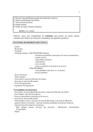 6
5- Pressões desequilibradas quando da tomada dos registros;
6- Falha na delimitação das bordas;
7- Nível oclusal incorreto;
8- Estética pobre;
9- Falhas no ajuste oclusal e desgastes.
ROWE, A.T. (1935)
Faremos, agora uma recapitulação da Anatomia, para termos em mente aquelas
estruturas que influem na confecção e manutenção dos aparelhos protéticos.
- Lábios
- Bochechas
- Vestíbulo
- Abóbada palatina - PALATO DURO (limites):
- foramen nasopalatino (emergência do nervo nasopalatino)
- papila incisiva
- rugosidades palatinas
- rafe palatina
- torus maxilar
- buracos palatinos (emergência de nervos)
- PALATO MOLE:
- zona glandular (não deve ser recoberta)
- foveas palatinas
- Arcos alveolares
- Tuberosidades
- Freio labial: músculo Orbicular dos lábios
- Inserção do músculo Bucinador
- Fossa Pterigomaxilar
- Ligamento Pterigomaxilar
Na mandíbula encontraremos:
- freio labial: músculo Quadrado do mento o músculo Orbicular dos lábios
- freio lingual: músculo Genioglosso
- buracos mentonianos (emergência de nervos)
- inserção do músculo Bucinador
- linha oblíqua externa: inserção do músculo Bucinador e do músculo Masseter
- papila (trígono) retromolar - inserção de fibras profundas do músculo temporal
- músculo Constritor Superior da faringe
- linha oblíqua interna: inserção dos músculos - Milohioideo, Geniohioideo,
Pterigohideo
- língua
ANATOMIA DO DESDENTADO TOTAL:
 