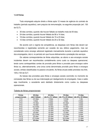 1.3.9 Férias


       Todo empregado adquire direito a férias após 12 meses de vigência do contrato de
trabalho (período aquisitivo), sem prejuízo da remuneração, na seguinte proporção (art. 130
da CLT):

   •   30 dias corridos, quando não houver faltado ao trabalho mais de 05 dias;
   •   24 dias corridos, quando houver faltado de 06 a 14 dias;
   •   18 dias corridos, quando houver faltado de 15 a 23 dias;
   •   12 dias corridos, quando houver faltado de 24 a 32 dias.

       De acordo com o regime de competência, as despesas com férias não devem ser
reconhecidas e registradas somente por ocasião de seu efetivo pagamento, mas ser
considerada como encargo adicional registrado mensalmente durante o período aquisitivo
dos empregados, isto é, no período em que houve efetivamente a prestação dos serviços.
       Os valores correspondentes às férias adquiridas, ao abono e aos encargos sociais
incidentes devem ser reconhecidos contabilmente como custo ou despesa operacional,
tendo como contrapartidas contas de provisão para férias e provisão para encargos sobre
férias ou, alternativamente, uma única conta denominada provisão para férias e encargos
sociais, ambas classificadas no passivo circulante. As férias anuais estão previstas nos Arts.
129 a 153 da CLT.
       As baixas das provisões para férias e encargos sociais ocorrerão no momento da
concessão das férias ou de sua indenização por desligamento do empregado. Caso o saldo
seja insuficiente, o excedente será debitado diretamente como custos ou despesas
operacionais.


Tabela de férias proporcionais:

    Férias              30 dias            24 dias               18 dias            12 dias
 proporcionais       (até 5 faltas)   (de 6 a 14 faltas)   (de 15 a 23 faltas) (de 24 a 32 faltas)
      1/12              2,5 dias            2 dias               1,5 dia              1 dia
      2/12               5 dias             4 dias                3 dias             2 dias
      3/12              7,5 dias            6 dias               4,5 dias            3 dias
      4/12              10 dias             8 dias                6 dias             4 dias
      5/12             12,5 dias           10 dias               7,5 dias            5 dias
      6/12              15 dias            12 dias                9 dias             6 dias
      7/12             17,5 dias           14 dias              10,5 dias            7 dias
      8/12              20 dias            16 dias               12 dias             8 dias
      9/12             22,5 dias           18 dias              13,5 dias            9 dias
     10/12              25 dias            20 dias               15 dias            10 dias
     11/12             27,5 dias           22 dias              16,5 dias           11 dias
     12/12              30 dias            24 dias               18 dias            12 dias



                                                                                                17
 
