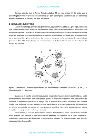 QUALIDADE DO AR INTERNO
Deve-se salientar que a Norma Regulamentadora 15 em seu anexo 11 diz ainda que a
concentração mínima de Oxigênio em ambientes que com presença de substâncias do tipo asfixiantes
simples, deve ser de 18 (dezoito) por cento em volume.
2. QUALIDADE DO AR INTERNO
Durante muito tempo, a maioria dos profissionais, ao projetar uma edificação, preocupava-se quase
que exclusivamente com a estética e funcionalidade desta, sem, no entanto dar muita importância aos
aspectos ambientais e energéticos envolvidos em tal empreendimento. Como grande parte das atividades
ainda são realizadas em ambientes fechados surgiu então a necessidade de realizar-se o condicionamento
do ar possibilitando a plena ambientação de homens e máquinas nestes ambientes. Os trabalhadores
passam de 80 a 90% de seu tempo em ambientes fechados. A figura 2 ilustra esta condição de vida da
maioria das pessoas.
Figura 2 – Operações Cotidianas desenvolvidas por trabalhadores - Fonte ENCICLOPEDIA DE SALUD Y
SEGURIDAD EN EL TRABAJO
O processo de projetar um edifício pautava-se em considerar que um sistema de climatização ou de
condicionamento de ar interno teria condições de garantir os requisitos necessários para a salubridade do
ambiente, independente do consumo de energia para tal atividade. Este quadro manteve-se até a primeira
grande crise energética mundial, ocorrida no início da década de 70, onde a produção de petróleo entrou
em crise e a população dos paises em geral, passou a considerar com maior preocupação, os fatores
energéticos nos projetos de uma forma generalizada.
Neste instante, o consumo de energia de sistemas de climatização passa a receber uma atenção
muito especial, uma vez que o custo para realizar operações de tratamento de ar como refrigeração,
umidificação, desumidificação, filtragem etc, é extremamente elevado. Os sistemas passam a ter reduzido
os seus períodos de operação.
Eng. José Edson Basto – CREA SC 01 058125-4 10
 