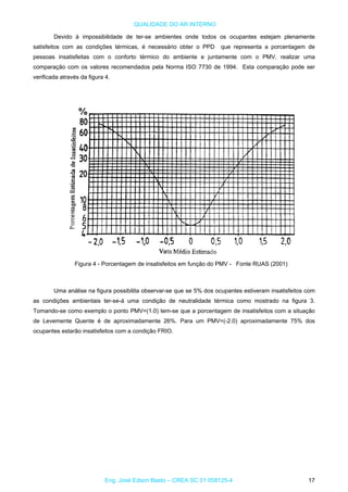 QUALIDADE DO AR INTERNO
Devido à impossibilidade de ter-se ambientes onde todos os ocupantes estejam plenamente
satisfeitos com as condições térmicas, é necessário obter o PPD que representa a porcentagem de
pessoas insatisfeitas com o conforto térmico do ambiente e juntamente com o PMV, realizar uma
comparação com os valores recomendados pela Norma ISO 7730 de 1994. Esta comparação pode ser
verificada através da figura 4.
Figura 4 - Porcentagem de insatisfeitos em função do PMV - Fonte RUAS (2001)
Uma análise na figura possibilita observar-se que se 5% dos ocupantes estiveram insatisfeitos com
as condições ambientais ter-se-á uma condição de neutralidade térmica como mostrado na figura 3.
Tomando-se como exemplo o ponto PMV=(1.0) tem-se que a porcentagem de insatisfeitos com a situação
de Levemente Quente é de aproximadamente 26%. Para um PMV=(-2.0) aproximadamente 75% dos
ocupantes estarão insatisfeitos com a condição FRIO.
Eng. José Edson Basto – CREA SC 01 058125-4 17
 