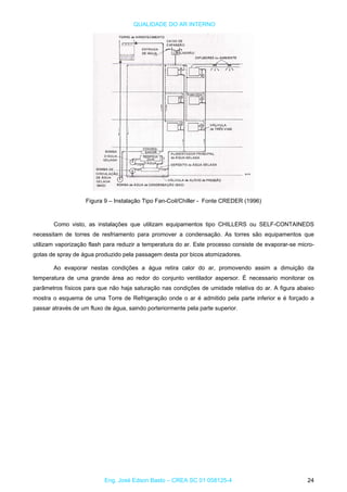 QUALIDADE DO AR INTERNO
Figura 9 – Instalação Tipo Fan-Coil/Chiller - Fonte CREDER (1996)
Como visto, as instalações que utilizam equipamentos tipo CHILLERS ou SELF-CONTAINEDS
necessitam de torres de resfriamento para promover a condensação. As torres são equipamentos que
utilizam vaporização flash para reduzir a temperatura do ar. Este processo consiste de evaporar-se micro-
gotas de spray de água produzido pela passagem desta por bicos atomizadores.
Ao evaporar nestas condições a água retira calor do ar, promovendo assim a dimuição da
temperatura de uma grande área ao redor do conjunto ventilador aspersor. É necessario monitorar os
parâmetros físicos para que não haja saturação nas condições de umidade relativa do ar. A figura abaixo
mostra o esquema de uma Torre de Refrigeração onde o ar é admitido pela parte inferior e é forçado a
passar através de um fluxo de água, saindo porteriormente pela parte superior.
Eng. José Edson Basto – CREA SC 01 058125-4 24
 