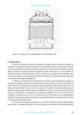 QUALIDADE DO AR INTERNO
Figura 10 – Esquema de Torre de Refrigeração - Fonte CREDER (1996)
5. FILTROS DE AR
Quando da climatização artificial de ambientes é necessário prover sistemas que protejam os
ocupantes e as máquinas de impurezas contidas no ar, provenientes do ar exterior ou produzidas no próprio
local. Para tal função são utilizados filtros tanto na tomada de ar na parte externa dos edifícios quanto no
interior de dutos de circulação. Estes são responsáveis também pela pureza do ar a ser insuflado no
ambiente climatizado. Sistemas projetados com bom programa de manutenção, boa estanqueidade, boas
taxas de renovação de ar e ainda associados a sistemas de filtragens com eficiência elevada apresentam
na maioria dos casos, elevada qualidade do ar.
A eficiência de filtragem deve ser determinada em função da alta capacidade de retenção de
partículas e da vazão de ar externo de modo a assegurar-se duas condições de contorno bem definidas. A
primeira implica em conseguir-se uma boa diluição dos contaminantes de modo que estes atinjam um nível
aceitável de contaminação interna em função do número de ocupantes e da atividade desenvolvida. A
segunda condição implica em determinar-se a quantidade de ar externo que pode ser reduzida do fluxo
inicial, ao se utilizar filtros na recirculação sem prejudicar a qualidade do ar interno. Para estas duas
condições é necessário assumir-se que o ar externo esteja em conformidade com as regulamentações
ambientais. Outro fator que influencia diretamente na capacidade de filtragem é a estanqueidade do sistema
e a limpeza periódica de dutos e filtros.
Para as diversas atividades desenvolvidas em ambientes climatizados existem regulamentações
quanto ao tipo e qualidade de filtragem. Em caso de partículas em suspensão são disponibilizados filtros
Eng. José Edson Basto – CREA SC 01 058125-4 25
 