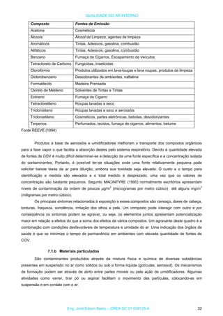 QUALIDADE DO AR INTERNO
Composto Fontes de Emissão
Acetona Cosméticos
Álcoois Álcool de Limpeza, agentes de limpeza
Aromáticos Tintas, Adesivos, gasolina, combustão
Tintas, Adesivos, gasolina, combustãoAlifáticos
Benzeno Fumaça de Cigarros, Escapamento de Veículos
Tetracloreto de Carbono Fungicidas, Inseticidas
Clorofórmio Produtos utilizados em lava-louças e lava roupas, produtos de limpeza
Diclorobenzeno Desodorantes de ambientes, naftalina
Formaldeído Madeira Prensada
Cloreto de Metileno Solventes de Tintas e Tintas
Estireno Fumaça de Cigarro
Tetracloretileno Roupas lavadas a seco
Tricloroetano Roupas lavadas a seco e aerossóis
Tricloroetileno Cosméticos, partes eletrônicas, bebidas, desodorizantes
Terpenos Perfumados, tecidos, fumaça de cigarros, alimentos, betume
Fonte REEVE (1994)
Produtos à base de aerossóis e umidificadores melhoram o transporte dos compostos orgânicos
para a fase vapor o que facilita a absorção destes pelo sistema respiratório. Devido à quantidade elevada
de fontes de COV é muito difícil determinar-se a detecção da uma fonte específica e a concentração isolada
do contaminantes, Portanto, é possível ter-se situações onde uma fonte relativamente pequena pode
solicitar baixas taxas de ar para diluição, embora sua toxidade seja elevada. O custo e o tempo para
identificação e medida são elevados e o total medido é desprezado, uma vez que os valores de
concentração são bastante pequenos. Segunto MACINTYRE (1990) normalmente escritórios apresentam
níveis de contaminação da ordem de poucos µg/m3
(microgramas por metro cúbico) até alguns mg/m3
(miligramas por metro cúbico).
Os principais sintomas relacionados à exposição a esses compostos são cansaço, dores de cabeça,
tonturas, fraqueza, sonolência, irritação dos olhos e pele. Um composto pode interagir com outro e por
conseqüência os sintomas podem se agravar, ou seja, os elementos juntos apresentam potencialização
maior em relação a efeitos do que a soma dos efeitos de vários compostos. Um agravante deste quadro é a
combinação com condições desfavoráveis de temperatura e umidade do ar. Uma indicação dos órgãos de
saúde é que se minimize o tempo de permanência em ambientes com elevada quantidade de fontes de
COV.
7.1.b Materiais particulados
São contaminantes produzidos através da mistura física e química de diversas substâncias
presentes em suspensão no ar como sólidos ou sob a forma líquida (gotículas, aerossol). Os mecanismos
de formação podem ser através de atrito entre partes moveis ou pela ação de umidificadores. Algumas
atividades como varrer, tirar pó ou aspirar facilitam o movimento das partículas, colocando-as em
suspensão e em contato com o ar.
Eng. José Edson Basto – CREA SC 01 058125-4 32
 