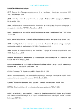 QUALIDADE DO AR INTERNO
REFERÊNCIAS BIBLIOGRÁFICAS
ABNT. Sistemas de refrigeração, condicionamento de ar e ventilação - Manutenção programada. NBR
13971. Rio de Janeiro, 1997.
ABNT. Instalações centrais de ar condicionado para conforto – Parâmetros básicos de projeto. NBR 6401.
Rio de Janeiro, 1980.
ABNT. Tratamento de ar em estabelecimentos assistenciais de saúde (EAS) – Requisitos para projeto e
execução das instalações. NBR 7256. Rio de Janeiro, 2005.
ABNT. Tratamento de ar em unidades médico-assistenciais de saúde - Procedimento. NBR 7256. Rio de
Janeiro, 1982.
ABNT. Agentes químicos no ar – Coleta de aerodispersóides por filtração. NBR 3422. Rio de Janeiro, 1991.
ABNT. Material particulado em suspensão no ar ambiente – Determinação da concentração total pelo
método do amostrador de grande volume. NBR 9547. Rio de Janeiro, 1997.
ABNT. Sistemas de condicionamento de ar e ventilação – Execução de serviços de higienização. NBR
14679. Rio de Janeiro, 2001.
ABRAVA. Recomendação Normativa RN 02 - Sistemas de Condicionamento de Ar e Ventilação para
Conforto. São Paulo: ABRAVA, 2003.
ACGIH. Limites Exposição (TLVs) para Substâncias Químicas e Agentes Físicos e Índices Biológicos de
Exposição (BELs). Tradução por ABHO, 1999, 175 p.
ANVISA. Resolução nº 9, 16 de janeiro de 2003. Brasília: D.O.U., 2003.
ANVISA. Regulamento técnico para planejamento, programação, elaboração e avaliação de projetos físicos
de estabelecimentos assistenciais de saúde. RDC 50. Brasília. 2002.
ASHRAE. Ventilation for acceptable indoor air quality – Standard. Ashrae 62-1999. Atlanta. 1999.
BETTONI, Roberto Luigi. Controle em edifícios inteligentes. Artigo técnico. ABRAPI, 2003.
BRANDI S, Benatti MCC, Alexandre NMC. Ocorrência de acidente de trabalho por material perfurocortante
entre trabalhadores de enfermagem de um hospital universitário da Cidade de Campinas. Revista Escola de
Enfermagem USP 1998.
Eng. José Edson Basto – CREA SC 01 058125-4 59
 