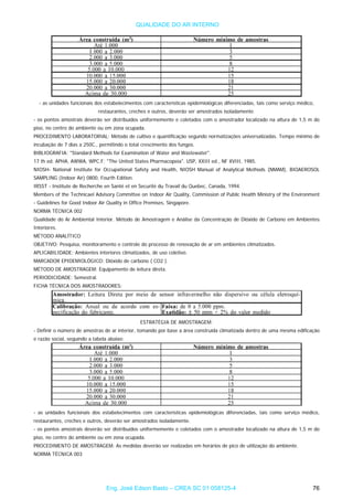 QUALIDADE DO AR INTERNO
- as unidades funcionais dos estabelecimentos com características epidemiológicas diferenciadas, tais como serviço médico,
restaurantes, creches e outros, deverão ser amostrados isoladamente.
- os pontos amostrais deverão ser distribuídos uniformemente e coletados com o amostrador localizado na altura de 1,5 m do
piso, no centro do ambiente ou em zona ocupada.
PROCEDIMENTO LABORATORIAL: Método de cultivo e quantificação segundo normatizações universalizadas. Tempo mínimo de
incubação de 7 dias a 250C., permitindo o total crescimento dos fungos.
BIBLIOGRAFIA: "Standard Methods for Examination of Water and Wastewater".
17 th ed. APHA, AWWA, WPC.F; "The United States Pharmacopeia". USP, XXIII ed., NF XVIII, 1985.
NIOSH- National Institute for Occupational Safety and Health, NIOSH Manual of Analytical Methods (NMAM), BIOAEROSOL
SAMPLING (Indoor Air) 0800, Fourth Edition.
IRSST - Institute de Recherche en Santé et en Securité du Travail du Quebec, Canada, 1994.
Members of the Technicael Advisory Committee on Indoor Air Quality, Commission of Public Health Ministry of the Environment
- Guidelines for Good Indoor Air Quality in Office Premises, Singapore.
NORMA TÉCNICA 002
Qualidade do Ar Ambiental Interior. Método de Amostragem e Análise da Concentração de Dióxido de Carbono em Ambientes
Interiores.
MÉTODO ANALÍTICO
OBJETIVO: Pesquisa, monitoramento e controle do processo de renovação de ar em ambientes climatizados.
APLICABILIDADE: Ambientes interiores climatizados, de uso coletivo.
MARCADOR EPIDEMIOLÓGICO: Dióxido de carbono ( CO2 ).
MÉTODO DE AMOSTRAGEM: Equipamento de leitura direta.
PERIODICIDADE: Semestral.
FICHA TÉCNICA DOS AMOSTRADORES:
ESTRATÉGIA DE AMOSTRAGEM:
- Definir o número de amostras de ar interior, tomando por base a área construída climatizada dentro de uma mesma edificação
e razão social, seguindo a tabela abaixo:
- as unidades funcionais dos estabelecimentos com características epidemiológicas diferenciadas, tais como serviço médico,
restaurantes, creches e outros, deverão ser amostrados isoladamente.
- os pontos amostrais deverão ser distribuídos uniformemente e coletados com o amostrador localizado na altura de 1,5 m do
piso, no centro do ambiente ou em zona ocupada.
PROCEDIMENTO DE AMOSTRAGEM: As medidas deverão ser realizadas em horários de pico de utilização do ambiente.
NORMA TÉCNICA 003
Eng. José Edson Basto – CREA SC 01 058125-4 76
 