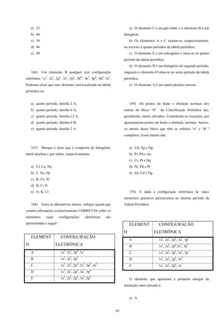 43
a) 22
b) 40
c) 38
d) 46
e) 48
166) Um elemento X qualquer tem configuração
eletrônica: 1s2
, 2s2
, 2p6
, 3s2
, 3p6
, 3d10
, 4s2
, 4p6
, 4d4
, 5s2
.
Podemos dizer que este elemento está localizado na tabela
periódica no:
a) quinto período, família 2 A;
b) quinto período, família 6 A;
c) quarto período, família 12 A;
d) quinto período; família 6 B;
e) quarto período, família 2 A
167) Marque a série que é composta de halogênio,
metal alcalino e gás nobre, respectivamente:
a) Cl, Ca, Na
b) F, Na, He
c) K, Cl, Al
d) B, C, O
e) O, K, Cl
168) Entre as alternativas abaixo, indique aquela que
contém afirmações exclusivamente CORRETAS sobre os
elementos cujas configurações eletrônicas são
apresentadas a seguir:
ELEMENT
O
CONFIGURAÇÃO
ELETRÔNICA
A 1s2
, 2s2
, 2p6
, 3s1
B 1s2
, 2s2
, 2p4
C 1s2
, 2s2
, 2p6
, 3s2
, 3p6
, 4s2
D 1s2
, 2s2
, 2p6
, 3s2
, 3p6
E 1s2
, 2s2
, 2p6
, 3s2
, 3p5
a) O elemento C é um gás nobre e o elemento B é um
halogênio;
b) Os elementos A e C situam-se, respectivamente,
no terceiro e quarto períodos da tabela periódica;
c) O elemento E é um calcogênio e situa-se no quinto
período da tabela periódica;
d) O elemento B é um halogênio do segundo período,
enquanto o elemento D situa-se no sexto período da tabela
periódica;
e) O elemento A é um metal alcalino-terroso.
169) Os pontos de fusão e ebulição normais dos
metais do bloco “d” da Classificação Periódica são,
geralmente, muito elevados. Constituem-se exceções, por
apresentarem pontos de fusão e ebulição normais baixos,
os metais desse bloco que têm os orbitais “s” e “d “
completos. Esses metais são:
a) Cd, Ag e Hg
b) Pt, Pd e Au
c) Cr, Pt e Hg
d) Ni, Pd e Pt
e) Zn, Cd e Hg
170) É dada a configuração eletrônica de cinco
elementos químicos pertencentes ao mesmo período da
Tabela Periódica:
ELEMENT
O
CONFIGURAÇÃO
ELETRÔNICA
A 1s2
, 2s2
, 2p6
, 3s2
, 3p5
B 1s2
, 2s2
, 2p6
,3s2
, 3p3
C 1s2
, 2s2
, 2p6
, 3s2
, 3p1
D 1s2
, 2s2
, 2p6
, 3s2
E 1s2
, 2s2
, 2p6
, 3s1
O elemento que apresenta a primeira energia de
ionização mais elevada é:
a) A
 