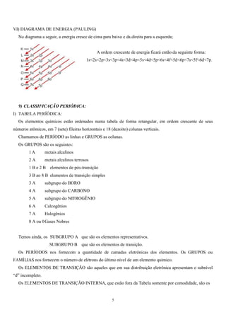 5
VI) DIAGRAMA DE ENERGIA (PAULING)
No diagrama a seguir, a energia cresce de cima para baixo e da direita para a esquerda;
A ordem crescente de energia ficará então da seguinte forma:
1s<2s<2p<3s<3p<4s<3d<4p<5s<4d<5p<6s<4f<5d<6p<7s<5f<6d<7p.
9) CLASSIFICAÇÃO PERIÓDICA:
I) TABELA PERÍÓDICA:
Os elementos químicos estão ordenados numa tabela de forma retangular, em ordem crescente de seus
números atômicos, em 7 (sete) fileiras horizontais e 18 (dezoito) colunas verticais.
Chamamos de PERÍODO as linhas e GRUPOS as colunas.
Os GRUPOS são os seguintes:
1 A metais alcalinos
2 A metais alcalinos terrosos
1 B e 2 B elementos de pós-transição
3 B ao 8 B elementos de transição simples
3 A subgrupo do BORO
4 A subgrupo do CARBONO
5 A subgrupo do NITROGÊNIO
6 A Calcogênios
7 A Halogênios
8 A ou 0Gases Nobres
Temos ainda, os SUBGRUPO A que são os elementos representativos.
SUBGRUPO B que são os elementos de transição.
Os PERÍODOS nos fornecem a quantidade de camadas eletrônicas dos elementos. Os GRUPOS ou
FAMÍLIAS nos fornecem o número de elétrons do último nível de um elemento químico.
Os ELEMENTOS DE TRANSIÇÃO são aqueles que em sua distribuição eletrônica apresentam o subnível
“d” incompleto.
Os ELEMENTOS DE TRANSIÇÃO INTERNA, que estão fora da Tabela somente por comodidade, são os
 