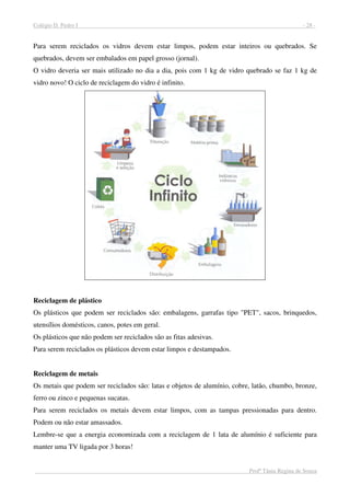 Colégio D. Pedro I - 28 -
Profª Tânia Regina de Souza
Para serem reciclados os vidros devem estar limpos, podem estar inteiros ou quebrados. Se
quebrados, devem ser embalados em papel grosso (jornal).
O vidro deveria ser mais utilizado no dia a dia, pois com 1 kg de vidro quebrado se faz 1 kg de
vidro novo! O ciclo de reciclagem do vidro é infinito.
Reciclagem de plástico
Os plásticos que podem ser reciclados são: embalagens, garrafas tipo "PET", sacos, brinquedos,
utensílios domésticos, canos, potes em geral.
Os plásticos que não podem ser reciclados são as fitas adesivas.
Para serem reciclados os plásticos devem estar limpos e destampados.
Reciclagem de metais
Os metais que podem ser reciclados são: latas e objetos de alumínio, cobre, latão, chumbo, bronze,
ferro ou zinco e pequenas sucatas.
Para serem reciclados os metais devem estar limpos, com as tampas pressionadas para dentro.
Podem ou não estar amassados.
Lembre-se que a energia economizada com a reciclagem de 1 lata de alumínio é suficiente para
manter uma TV ligada por 3 horas!
 