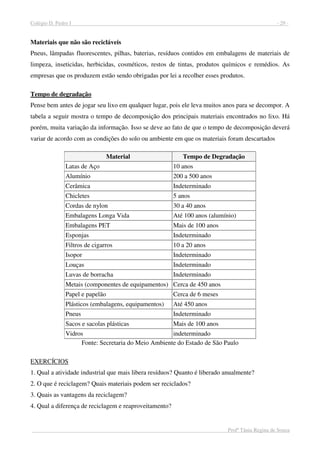 Colégio D. Pedro I - 29 -
Profª Tânia Regina de Souza
Materiais que não são recicláveis
Pneus, lâmpadas fluorescentes, pilhas, baterias, resíduos contidos em embalagens de materiais de
limpeza, inseticidas, herbicidas, cosméticos, restos de tintas, produtos químicos e remédios. As
empresas que os produzem estão sendo obrigadas por lei a recolher esses produtos.
Tempo de degradação
Pense bem antes de jogar seu lixo em qualquer lugar, pois ele leva muitos anos para se decompor. A
tabela a seguir mostra o tempo de decomposição dos principais materiais encontrados no lixo. Há
porém, muita variação da informação. Isso se deve ao fato de que o tempo de decomposição deverá
variar de acordo com as condições do solo ou ambiente em que os materiais foram descartados
Fonte: Secretaria do Meio Ambiente do Estado de São Paulo
EXERCÍCIOS
1. Qual a atividade industrial que mais libera resíduos? Quanto é liberado anualmente?
2. O que é reciclagem? Quais materiais podem ser reciclados?
3. Quais as vantagens da reciclagem?
4. Qual a diferença de reciclagem e reaproveitamento?
Material Tempo de Degradação
Latas de Aço 10 anos
Alumínio 200 a 500 anos
Cerâmica Indeterminado
Chicletes 5 anos
Cordas de nylon 30 a 40 anos
Embalagens Longa Vida Até 100 anos (alumínio)
Embalagens PET Mais de 100 anos
Esponjas Indeterminado
Filtros de cigarros 10 a 20 anos
Isopor Indeterminado
Louças Indeterminado
Luvas de borracha Indeterminado
Metais (componentes de equipamentos) Cerca de 450 anos
Papel e papelão Cerca de 6 meses
Plásticos (embalagens, equipamentos) Até 450 anos
Pneus Indeterminado
Sacos e sacolas plásticas Mais de 100 anos
Vidros indeterminado
 