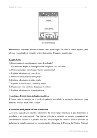 Colégio D. Pedro I - 41 -
Profª Tânia Regina de Souza
Inversão térmica
O fenômeno é comum no inverno de cidades como Nova Iorque, São Paulo e Tóquio, agravado pela
elevada concentração de poluentes tóxicos diariamente despejados na atmosfera.
EXERCÍCIOS
1. Como podem ser classificadas as fontes de poluição?
2. Cite ao menos 4 tipos de fontes poluidoras e explique cada uma delas.
3. Quais os principais impactos da poluição na atmosfera?
4. Explique o fenômeno da chuva ácida.
5. O efeito estufa é prejudicial? Explique
6. Explique o fenômeno do efeito estufa.
7. Explique os benefícios da camada de ozônio.
8. O que ocorre com a redução da camada de ozônio?
9. Explique o fenômeno da inversão térmica.
Tecnologias de controle da poluição atmosférica
Existem várias tecnologias de controle da poluição atmosférica e estratégias disponíveis para
reduzir a poluição do ar, como a seguir:
Controle de poluição nos veículos automotores
A poluição causada por veículos automotores há muito tempo incomoda e gera transtornos a
população e ao meio ambiente. Esse tipo de poluição se expandiu de maneira proporcional ao
crescimento de veículos e o governo brasileiro decidiu impor um limite ao nível de emissões de
poluentes de veículos automotivos implementando o Programa de Controle da Poluição Veicular
 