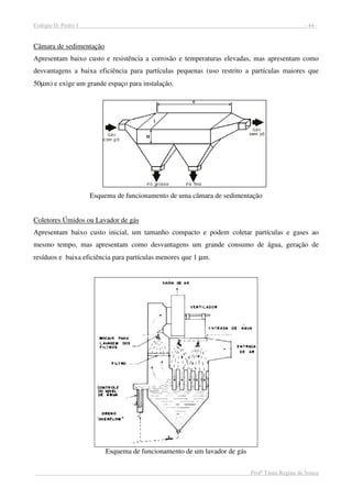 Colégio D. Pedro I - 44 -
Profª Tânia Regina de Souza
Câmara de sedimentação
Apresentam baixo custo e resistência a corrosão e temperaturas elevadas, mas apresentam como
desvantagens a baixa eficiência para partículas pequenas (uso restrito a partículas maiores que
50µm) e exige um grande espaço para instalação.
Esquema de funcionamento de uma câmara de sedimentação
Coletores Úmidos ou Lavador de gás
Apresentam baixo custo inicial, um tamanho compacto e podem coletar partículas e gases ao
mesmo tempo, mas apresentam como desvantagens um grande consumo de água, geração de
resíduos e baixa eficiência para partículas menores que 1 µm.
Esquema de funcionamento de um lavador de gás
 