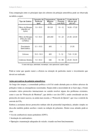 Colégio D. Pedro I - 46 -
Profª Tânia Regina de Souza
Uma comparação entre os principais tipos de coletores de poluição atmosférica pode ser observada
na tabela a seguir.
Pode-se notar que quanto maior a eficácia na retenção de partículas maior o investimento que
deverá ser realizado.
Ações preventivas da poluição atmosférica:
Ao longo dos tempos, a comunidade política e civil foi sendo alertada para os efeitos adversos da
poluição e todas as consequências ocasionadas. Surgiu então a necessidade de se fazer algo, e foram
assinados vários protocolos internacionais no sentido resolver alguns dos problemas existentes,
como o caso do “Protocolo de Montreal”, que aboliu o uso dos CFC's, sendo considerado um dos
protocolos de maior sucesso, ou ainda mais recente, o “Protocolo de Quioto”, que visa o controle da
emissão de CO2.
Embora a assinatura desses protocolos tenham sido de primordial importância, atitudes simples no
dia-a-dia também podem auxiliar e muito na redução de poluentes. Dentre essas atitudes pode-se
citar:
• Uso de combustíveis menos poluidores (GNV);
• Instalação de catalizadores;
• Operação e manutenção adequadas do veículo, visando seu bom funcionamento;
 