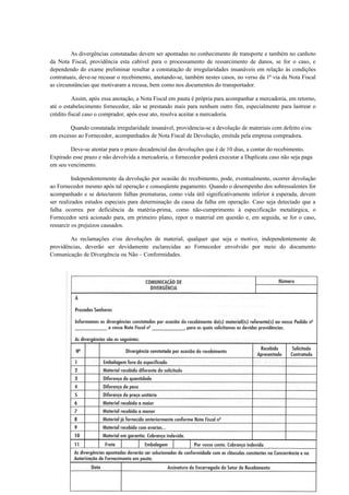 As divergências constatadas devem ser apontadas no conhecimento de transporte e também no canhoto
da Nota Fiscal, providência esta cabível para o processamento de ressarcimento de danos, se for o caso, e
dependendo do exame preliminar resultar a constatação de irregularidades insanáveis em relação às condições
contratuais, deve-se recusar o recebimento, anotando-se, também nestes casos, no verso da 1ª via da Nota Fiscal
as circunstâncias que motivaram a recusa, bem como nos documentos do transportador.
Assim, após essa anotação, a Nota Fiscal em pauta é própria para acompanhar a mercadoria, em retorno,
até o estabelecimento fornecedor, não se prestando mais para nenhum outro fim, especialmente para lastrear o
crédito fiscal caso o comprador, após esse ato, resolva aceitar a mercadoria.
Quando constatada irregularidade insanável, providencia-se a devolução de materiais com defeito e/ou
em excesso ao Fornecedor, acompanhados de Nota Fiscal de Devolução, emitida pela empresa compradora.
Deve-se atentar para o prazo decadencial das devoluções que é de 10 dias, a contar do recebimento.
Expirado esse prazo e não devolvida a mercadoria, o fornecedor poderá executar a Duplicata caso não seja paga
em seu vencimento.
Independentemente da devolução por ocasião do recebimento, pode, eventualmente, ocorrer devolução
ao Fornecedor mesmo após tal operação e conseqüente pagamento. Quando o desempenho dos sobressalentes for
acompanhado e se detectarem falhas prematuras, como vida útil significativamente inferior à esperada, devem
ser realizados estudos especiais para determinação da causa da falha em operação. Caso seja detectado que a
falha ocorreu por deficiência da matéria-prima, como não-cumprimento à especificação metalúrgica, o
Fornecedor será acionado para, em primeiro plano, repor o material em questão e, em seguida, se for o caso,
ressarcir os prejuízos causados.
As reclamações e/ou devoluções de material, qualquer que seja o motivo, independentemente de
providências, deverão ser devidamente esclarecidas ao Fornecedor envolvido por meio do documento
Comunicação de Divergência ou Não – Conformidades.

12

 