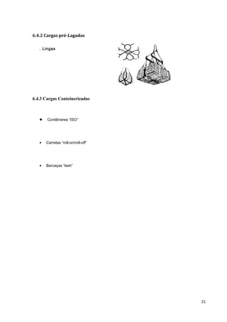 6.4.2 Cargas pré-Lagadas
. Lingas

6.4.3 Cargas Conteinerizadas

•

Contêineres “ISO”

•

Carretas “roll-on/roll-off”

•

Barcaças “lash”

21

 