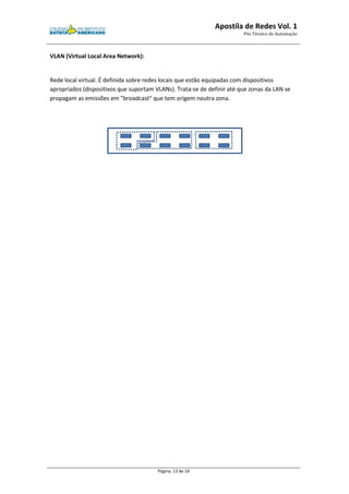 VLAN (Virtual Local Area Network): 
Apostila de Redes 
Pós Técnico de Automação 
Rede local virtual. É definida sobre redes locais que estão equipadas com dispositivos 
apropriados (dispositivos que suportam VLANs). Trata 
propagam as emissões em "broadcast" que tem origem noutra zona. 
Trata-se de definir até que zonas da LAN se 
Página: 13 de 19 
Vol. 1 
 
