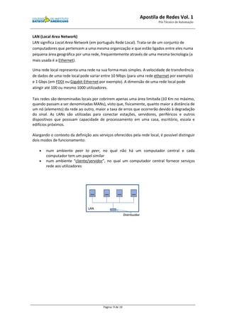 LAN (Local Area Network) 
LAN significa Local Area Network 
(em português Rede Local). Trata-se de um conjunto de 
computadores que pertencem a uma mesma organização e que estão ligados entre eles numa 
pequena área geográfica por uma rede, frequentemente através de uma mesma tecnologia (a 
mais usada é a Ethernet). 
Uma rede local representa uma rede na sua forma 
de dados de uma rede local pode variar entre 10 Mbps (para uma rede 
e 1 Gbps (em FDDI ou Gigabit Ethernet 
atingir até 100 ou mesmo 1000 utilizadores. 
Tais redes são denominadas locais por cobrirem apenas uma área lim 
quando passam a ser denominadas MANs), visto que, fisicamente, quanto maior a distância de 
um nó (elemento) da rede ao outro, maior a taxa de erros que ocorrerão devido à degradação 
do sinal. As LANs são utilizadas para conectar est 
dispositivos que possuam capacidade de processamento em uma casa, escritório, escola e 
edifícios próximos. 
Alargando o contexto da definição aos serviços oferecidos pela rede local, é possível distinguir 
dois modos de funcionamento: 
· num ambiente peer to peer 
computador tem um papel similar 
· num ambiente “cliente/servidor 
rede aos utilizadores 
Apostila de Redes 
Pós Técnico de Automação 
Página: 9 de 19 
áfica mais simples. A velocidade de transfe 
ethernet 
por exemplo). A dimensão de uma rede local pode 
limitada (10 Km no máximo, 
estações, servidores, periféricos e outros 
e peer, no qual não há um computador central e cada 
servidor”, no qual um computador central f 
Vol. 1 
transferência 
por exemplo) 
itada ações, , ”, fornece serviços 
 