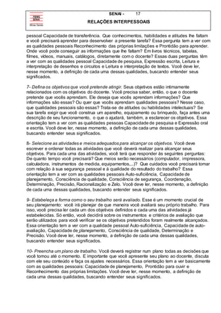 SENAI - 17
RELAÇÕES INTERPESSOAIS
pessoal Capacidade de transferência. Que conhecimentos, habilidades e atitudes lhe faltam
e você precisará aprender para desenvolver a presente tarefa? Essa pergunta tem a ver com
as qualidades pessoais Reconhecimento das próprias limitações e Prontidão para aprender.
Onde você pode conseguir as informações que lhe faltam? Em livros técnicos, tabelas,
filmes, vídeos, manuais, catálogos, diretamente com o docente? Essas duas perguntas têm
a ver com as qualidades pessoal Capacidade de pesquisa, Expressão escrita, Leitura e
interpretação de desenhos e circuitos e Leitura e interpretação de textos. Você deve ler,
nesse momento, a definição de cada uma dessas qualidades, buscando entender seus
significados.
7- Defina os objetivos que você pretende atingir. Seus objetivos estão intimamente
relacionados com os objetivos do docente. Você precisa saber, então, o que o docente
pretende que vocês aprendam. Ele deseja que vocês aprendam informações? Que
informações são essas? Ou quer que vocês aprendam qualidades pessoais? Nesse caso,
que qualidades pessoais são essas? Trata-se de atitudes ou habilidades intelectuais? Se
sua tarefa exigir que você construa um aparelho, equipamento ou brinquedo, faça antes uma
descrição de seu funcionamento, o que o ajudará, também, a esclarecer os objetivos. Essa
orientação tem a ver com as qualidades pessoas Capacidade de pesquisa e Expressão oral
e escrita. Você deve ler, nesse momento, a definição de cada uma dessas qualidades,
buscando entender seus significados.
8- Selecione as atividades e meios adequados para alcançar os objetivos. Você deve
escrever e ordenar todas as atividades que você deverá realizar para alcançar seus
objetivos. Para cada uma das atividades, você terá que responder às seguintes perguntas:
De quanto tempo você precisará? Que meios serão necessários (computador, impressora,
calculadora, instrumentos de medida, equipamentos,...)? Que cuidados você precisará tomar
com relação à sua segurança pessoal e á qualidade do resultado do trabalho? Essa
orientação tem a ver com as qualidades pessoais Auto-suficiência, Capacidade de
planejamento, Consciência de qualidade, Consciência de segurança, Coordenação,
Determinação, Precisão, Racionalização e Zelo. Você deve ler, nesse momento, a definição
de cada uma dessas qualidades, buscando entender seus significados.
9- Estabeleça a forma como o seu trabalho será avaliado. Esse é um momento crucial de
seu planejamento: você irá planejar de que maneira você avaliará seu próprio trabalho. Para
isso, você precisa ler cada um dos objetivos definidos e cada uma das atividades já
estabelecidas. Só então, você decidirá sobre os instrumentos e critérios de avaliação que
serão utilizados para você verificar se os objetivos pretendidos foram realmente alcançados.
Essa orientação tem a ver com a qualidade pessoal Auto-suficiência, Capacidade de auto-
avaliação, Capacidade de planejamento, Consciência de qualidade, Determinação e
Precisão. Você deve ler, nesse momento, a definição de cada uma dessas qualidades,
buscando entender seus significados.
10- Preencha um plano de trabalho. Você deverá registrar num plano todas as decisões que
você tomou até o momento. E importante que você apresente seu plano ao docente, discuta
com ele seu conteúdo e faça os ajustes necessários. Essa orientação tem a ver basicamente
com as qualidades pessoais: Capacidade de planejamento, Prontidão para ouvir e
Reconhecimento das próprias limitações. Você deve ler, nesse momento, a definição de
cada uma dessas qualidades, buscando entender seus significados.
 