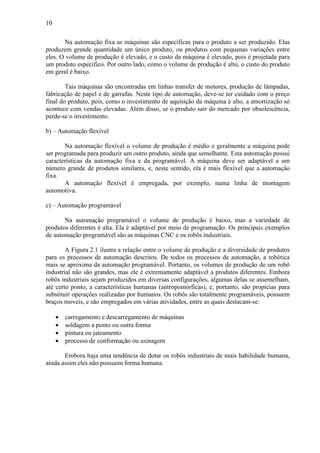 10
Na automação fixa as máquinas são específicas para o produto a ser produzido. Elas
produzem grande quantidade um único produto, ou produtos com pequenas variações entre
eles. O volume de produção é elevado, e o custo da máquina é elevado, pois é projetada para
um produto especifico. Por outro lado, como o volume de produção é alto, o custo do produto
em geral é baixo.
Tais máquinas são encontradas em linhas transfer de motores, produção de lâmpadas,
fabricação de papel e de garrafas. Neste tipo de automação, deve-se ter cuidado com o preço
final do produto, pois, como o investimento de aquisição da máquina é alto, a amortização só
acontece com vendas elevadas. Além disso, se o produto sair do mercado por obsolescência,
perde-se o investimento.
b) – Automação flexível
Na automação flexível o volume de produção é médio e geralmente a máquina pode
ser programada para produzir um outro produto, ainda que semelhante. Esta automação possui
características da automação fixa e da programável. A máquina deve ser adaptável a um
número grande de produtos similares, e, neste sentido, ela é mais flexível que a automação
fixa.
A automação flexível é empregada, por exemplo, numa linha de montagem
automotiva.
c) – Automação programável
Na automação programável o volume de produção é baixo, mas a variedade de
produtos diferentes é alta. Ela é adaptável por meio de programação. Os principais exemplos
de automação programável são as máquinas CNC e os robôs industriais.
A Figura 2.1 ilustra a relação entre o volume de produção e a diversidade de produtos
para os processos de automação descritos. De todos os processos de automação, a robótica
mais se aproxima da automação programável. Portanto, os volumes de produção de um robô
industrial não são grandes, mas ele é extremamente adaptável a produtos diferentes. Embora
robôs industriais sejam produzidos em diversas configurações, algumas delas se assemelham,
até certo ponto, a características humanas (antropomórficas), e, portanto, são propícias para
substituir operações realizadas por humanos. Os robôs são totalmente programáveis, possuem
braços moveis, e são empregados em várias atividades, entre as quais destacam-se:
• carregamento e descarregamento de máquinas
• soldagem a ponto ou outra forma
• pintura ou jateamento
• processo de conformação ou usinagem
Embora haja uma tendência de dotar os robôs industriais de mais habilidade humana,
ainda assim eles não possuem forma humana.
 