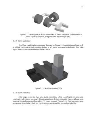 21
Figura 3.12 – Configuração de um punho TRT na forma compacta. Embora todas as
juntas sejam revolventes, este punho tem denominação TRT.
3.3.1 - Robô cartesiano
O robô de coordenadas cartesianas, ilustrado na Figura 3.13 usa três juntas lineares. É
o robô de configuração mais simples, desloca as três juntas uma em relação à outra. Este robô
opera dentro de um envoltório de trabalho cúbico.
Figura 3.13– Robô cartesiano (LLL)
3.3.2 - Robô cilíndrico
Este braço possui na base uma junta prismática, sobre a qual apóia-se uma junta
rotativa (revolvente ou torcional). Uma terceira junta do tipo prismática é conectada na junta
rotativa formando uma configuração LVL, como mostra a Figura 3.14. Este braço apresenta
um volume de trabalho cilíndrico, e pode-se apresentar também na configuração TLL.
 