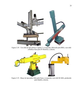 25
Figura 3.18 – Um robô do tipo pórtico (“gantry”), à esquerda, fabricado pela BMI, e um robô
cilíndrico feito pela ST Robotics, à direita.
Figura 3.19 – Braço do tipo polar, feito pela Fanuc, à esquerda e um robô SCARA, produzido
pela Stäubli, à direita.
 