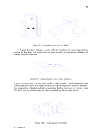 27
Figura 3.21- Modelo de garras de dois dedos
A garra de objetos cilíndricos, como pode ser visualizada na Figura 3.22, também
consiste de dois dedos com semicírculos, os quais permitem segurar objetos cilíndricos de
diversos diâmetros diferentes.
Figura 3.22 – Modelo de garra para objetos cilíndricos
A garra articulada tem a forma mais similar à mão humana, a qual proporciona uma
versatilidade considerável para manipular objetos de formas irregulares e tamanhos diferentes.
Esta característica está relacionada com a quantidade de elos, como pode ser visto na Figura
3.23. Estes elos são movimentados por cabos ou músculos artificiais, entre outros.
Figura 3.23– Modelo de garra articulada
3.5 – Sensores
 
