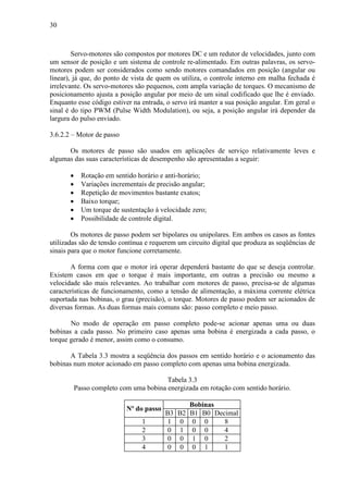30
Servo-motores são compostos por motores DC e um redutor de velocidades, junto com
um sensor de posição e um sistema de controle re-alimentado. Em outras palavras, os servo-
motores podem ser considerados como sendo motores comandados em posição (angular ou
linear), já que, do ponto de vista de quem os utiliza, o controle interno em malha fechada é
irrelevante. Os servo-motores são pequenos, com ampla variação de torques. O mecanismo de
posicionamento ajusta a posição angular por meio de um sinal codificado que lhe é enviado.
Enquanto esse código estiver na entrada, o servo irá manter a sua posição angular. Em geral o
sinal é do tipo PWM (Pulse Width Modulation), ou seja, a posição angular irá depender da
largura do pulso enviado.
3.6.2.2 – Motor de passo
Os motores de passo são usados em aplicações de serviço relativamente leves e
algumas das suas características de desempenho são apresentadas a seguir:
• Rotação em sentido horário e anti-horário;
• Variações incrementais de precisão angular;
• Repetição de movimentos bastante exatos;
• Baixo torque;
• Um torque de sustentação à velocidade zero;
• Possibilidade de controle digital.
Os motores de passo podem ser bipolares ou unipolares. Em ambos os casos as fontes
utilizadas são de tensão contínua e requerem um circuito digital que produza as seqüências de
sinais para que o motor funcione corretamente.
A forma com que o motor irá operar dependerá bastante do que se deseja controlar.
Existem casos em que o torque é mais importante, em outras a precisão ou mesmo a
velocidade são mais relevantes. Ao trabalhar com motores de passo, precisa-se de algumas
características de funcionamento, como a tensão de alimentação, a máxima corrente elétrica
suportada nas bobinas, o grau (precisão), o torque. Motores de passo podem ser acionados de
diversas formas. As duas formas mais comuns são: passo completo e meio passo.
No modo de operação em passo completo pode-se acionar apenas uma ou duas
bobinas a cada passo. No primeiro caso apenas uma bobina é energizada a cada passo, o
torque gerado é menor, assim como o consumo.
A Tabela 3.3 mostra a seqüência dos passos em sentido horário e o acionamento das
bobinas num motor acionado em passo completo com apenas uma bobina energizada.
Tabela 3.3
Passo completo com uma bobina energizada em rotação com sentido horário.
Bobinas
Nº do passo
B3 B2 B1 B0 Decimal
1 1 0 0 0 8
2 0 1 0 0 4
3 0 0 1 0 2
4 0 0 0 1 1
 