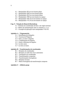 4
4.1 – Manipulador RR em movimento plano
4.2 – Manipulador RRR em movimento plano
4.3 – Manipulador RLR em movimento plano
4.4 – Manipulador TRR em movimento no espaço
4.5 – Manipulador TRL:R em movimento no espaço
4.6 – Manipulador VVL:R em movimento no espaço
Cap. 5 – Notação de Denavit-Hartenberg
5.1 - Sistemas de coordenadas da base e do órgão terminal.
5.2 - Matriz de transformação entre os sistemas n−1 e n.
5.3 – Exemplo de aplicação num manipulador VVR:VR.
Apêndice A – Trigonometria
A.1 - Semelhança de triângulos
A.2 - Teorema de Pitágoras
A.3 - Seno, co-seno e tangente
A.4 - Complementos de ângulos
A.5 - Soma e diferença de ângulos
A.6 - Lei dos senos
A.7 - Lei dos co-senos
Apêndice B – Transformações de coordenadas
B.1 – Rotações de coordenadas
B.2 – Rotações ao redor dos eixos cartesianos
B.3 – Translações de coordenadas
B.4 – Transformações compostas
B.5 – Transformações homogêneas
B.6 – Relações inversas
B.7 – Matriz homogênea da transformação composta
Apêndice C – Alfabeto grego
 