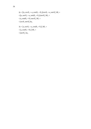 58
3 2 4 2 3 1 2 1 1
3 2 4 2 3 1 2
4 2 3 1 3
2 1 3
[ cos cos( )]cos sen
[ sen sen( )]sen
sen( )sen
cos sen
y a a a
a a
a
a
∆ = θ + θ + θ θ + θ ∆θ +
+ θ + θ + θ θ ∆θ +
+ θ + θ θ ∆θ +
+ θ θ ∆
3 2 4 2 3 2
4 2 3 3
2 3
cos cos( )
cos( )
sen
z a a
a
a
∆ = θ + θ + θ ∆θ +
+ θ + θ ∆θ +
+ θ ∆
 