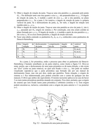 60
7) Obter o ângulo de rotação da junta. Traça-se uma reta paralela a xn passando pelo ponto
On−1. Por definição tanto esta reta quanto o eixo xn−1 são perpendiculares a zn−1. O ângulo
de rotação da junta, θn, é medido a partir do eixo xn−1 até a reta paralela, no plano
perpendicular a zn−1. Se a junta Jn for rotativa, o ângulo de rotação da junta é a própria
variável da junta. Se o deslocamento da junta, dn, for nulo, o ângulo de rotação será
medido entre xn−1 e xn.
8) Obter o ângulo de torção da junta. Traça-se uma reta paralela ao eixo da junta Jn, isto é,
zn−1, passando por On, origem do sistema n. Por construção, esta reta estará contida no
plano formado por xn e yn. O ângulo de torção, tn, é medido a partir da reta paralela a zn−1
até o eixo zn. Se os eixos forem paralelos, o ângulo de torção será nulo.
9) Fazer uma tabela contendo os parâmetros θn, dn, an e tn, conhecidos como parâmetros de
Denavit-Hartenberg:
Elos ângulo de
rotação
deslocamento
da junta
comprimento
do elo
ângulo de
torção
variável da
junta
0 θ1 d1 a1 t1 θ1 ou d1
1 θ1 d2 a2 t2 θ2 ou d2
⋅⋅⋅ ⋅⋅⋅ ⋅⋅⋅ ⋅⋅⋅ ⋅⋅⋅ ⋅⋅⋅
N θn dn an tn θn ou dn
Se a junta Jn for prismática, então o processo para obter os parâmetros de Denavit-
Hartenberg é bastante semelhante ao da junta rotativa, como ilustra a figura 5.2. Deve-se
notar, porém, que o deslocamento de uma junta prismática se dá numa direção, e não existe
um "eixo" (como na junta rotativa), no qual será fixado o eixo zn-1. Isto pode ser melhor
visualizado supondo-se que a junta prismática seja formada não por um mancal de
deslizamento linear, mas sim por dois, ainda que paralelos. Nesta situação, a origem do
sistema n−1 fica indeterminada, pois poderá coincidir com o centro de qualquer um dos
mancais. É óbvio que ambos são equivalentes. O mesmo raciocínio aplica-se no caso de haver
3 ou mais juntas prismáticas paralelas atuando em conjunto. Fica claro, portanto, que a origem
do sistema que será fixado numa junta prismática é arbitrário (sistema n−1). Esta origem
poderá encontrar-se, inclusive, coincidente com a origem da junta anterior n−1 ou posterior
n+1.
Jn−1 Jn+1
Jn
zn−2
zn−1
zn
yn−1
xn
xn−1
yn
θn
dn
an
On
On−1
Hn
Hn−1
tn
an−1
Fig. 5.2 – Geometria de uma junta prismática.
 
