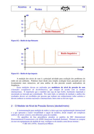 Acústica e
Ruídos
102
Figura 8.2 – Ruído do tipo flutuante
Figura 8.1 – Ruído do tipo impacto
A medição dos níveis de som é a principal atividade para avaliação dos problemas do
ruído em um ambiente. Podemos fazer desde uma simples avaliação local, passando por um
levantamento mais minucioso, até uma análise de alta precisão usando analisadores de
freqüência.
Essas medições devem ser realizadas por medidores de nível de pressão de som
(chamados erradamente de decibelímetros), que estejam de acordo com as normas
internacionais. É importante que o medidor não seja do tipo hobby, facilmente importado e
encontrado no mercado por contrabando. Por outro lado, os métodos de medição e análise dos
resultados devem ser escolhidos por pessoas que tenham um conhecimento sobre acústica e
devem conhecer as normas nacionais e internacionais, bem como as leis em vigor.
2 - O Medidor de Nível de Pressão Sonora (decibelímetro)
A instrumentação para medição de ruído é a única que tem regulamentação internacional
e a que apresenta a maior versatilidade o opção de modelos, desde simples até complexas
análises de níveis sonoros, com diferentes graus de exatidão.
Os aparelhos de boa procedência atendem os padrões da IEC (International
Electrotechnical Commission) e do ANSI (Americam Standards Institute). Portanto ao comprar
ou usar um equipamento de medida de som, verifique se ele atende a uma dessas normas :
IEC 651 (1979) - Sound Level Meters
Ruído Flutuante
Ruído Impulsivo
80
90
dB
Tempo
70
60
80
90
dB
Tempo
70
60
 