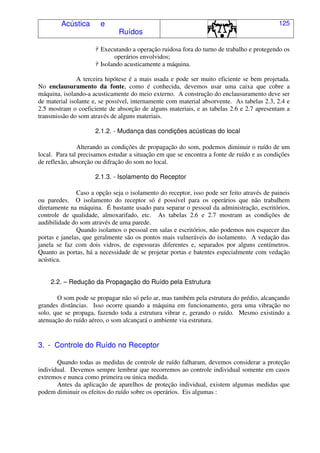 Acústica e
Ruídos
125
( Executando a operação ruidosa fora do turno de trabalho e protegendo os
operários envolvidos;
( Isolando acusticamente a máquina.
A terceira hipótese é a mais usada e pode ser muito eficiente se bem projetada.
No enclausuramento da fonte, como é conhecida, devemos usar uma caixa que cobre a
máquina, isolando-a acusticamente do meio externo. A construção do enclausuramento deve ser
de material isolante e, se possível, internamente com material absorvente. As tabelas 2.3, 2.4 e
2.5 mostram o coeficiente de absorção de alguns materiais, e as tabelas 2.6 e 2.7 apresentam a
transmissão do som através de alguns materiais.
2.1.2. - Mudança das condições acústicas do local
Alterando as condições de propagação do som, podemos diminuir o ruído de um
local. Para tal precisamos estudar a situação em que se encontra a fonte de ruído e as condições
de reflexão, absorção ou difração do som no local.
2.1.3. - Isolamento do Receptor
Caso a opção seja o isolamento do receptor, isso pode ser feito através de paineis
ou paredes. O isolamento do receptor só é possível para os operários que não trabalhem
diretamente na máquina. É bastante usado para separar o pessoal da administração, escritórios,
controle de qualidade, almoxarifado, etc. As tabelas 2.6 e 2.7 mostram as condições de
audibilidade do som através de uma parede.
Quando isolamos o pessoal em salas e escritórios, não podemos nos esquecer das
portas e janelas, que geralmente são os pontos mais vulneráveis do isolamento. A vedação das
janela se faz com dois vidros, de espessuras diferentes e, separados por alguns centímetros.
Quanto as portas, há a necessidade de se projetar portas e batentes especialmente com vedação
acústica.
2.2. – Redução da Propagação do Ruído pela Estrutura
O som pode se propagar não só pelo ar, mas também pela estrutura do prédio, alcançando
grandes distâncias. Isso ocorre quando a máquina em funcionamento, gera uma vibração no
solo, que se propaga, fazendo toda a estrutura vibrar e, gerando o ruído. Mesmo existindo a
atenuação do ruído aéreo, o som alcançará o ambiente via estrutura.
3. - Controle do Ruído no Receptor
Quando todas as medidas de controle de ruído falharam, devemos considerar a proteção
individual. Devemos sempre lembrar que recorremos ao controle individual somente em casos
extremos e nunca como primeira ou única medida.
Antes da aplicação de aparelhos de proteção individual, existem algumas medidas que
podem diminuir os efeitos do ruído sobre os operários. Eis algumas :
 