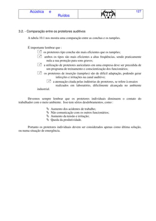 Acústica e
Ruídos
127
3.2. - Comparação entre os protetores auditivos
A tabela 10.1 nos mostra uma comparação entre as conchas e os tampões.
É importante lembrar que :
) os protetores tipo concha são mais eficientes que os tampões;
) ambos os tipos são mais eficientes a altas freqüências, sendo praticamente
nula a sua proteção para sons graves;
) a utilização de protetores auriculares em uma empresa deve ser precedida de
um programa de treinamento e conscientização dos funcionários;
) os protetores de inserção (tampões) são de difícil adaptação, podendo gerar
infecções e irritações na canal auditivo;
) a atenuação citada pelas indústrias de protetores, se refere à ensaios
realizados em laboratório, dificilmente alcançada no ambiente
industrial.
Devemos sempre lembrar que os protetores individuais diminuem o contato do
trabalhador com o meio ambiente. Isso tem sérios desdobramentos, como :
* Aumento dos acidentes de trabalho;
* Não comunicação com os outros funcionários;
* Aumento da tensão e irritação;
* Queda da produtividade.
Portanto os protetores individuais devem ser considerados apenas como última solução,
ou numa situação de emergência.
 