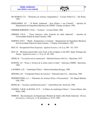 Ruído Ambiental:
seus efeitos e seu controle
52
DE MARCO, C.S. - "Elementos de Acústica Arquitetônica" - Livraria Nobel S.A. - São Paulo,
1982.
FERNANDES, J.C. - "O Ruído Ambiental : Seus Efeitos e seu Controle" - Apostila do
Departamento de Engenharia Mecânica da UNESP - Câmpus de Bauru, 1994.
FORMER-JOHNSON, T.N.O. – “Acústica” . Livraria Nobel, 1968.
GERGES, S.N.Y. - "Curso Intensivo sobre Controle de ruído industrial" - Apostila da
Universidade Federal de Santa Catarina, 1988.
GERGES, S.H.Y. - "Ruído : Fundamentos e Controle" - Departamento de Engenharia Mecânica
da Universidade Federal de Santa Catarina - 1ª Edição, Florianópolis, 1992.
HAY, B. Occupational Noise Exposure. Applied Acoustics, vol. 8, p. 299 - 313, 1975.
HAY, B. Maximum permissible noise levels at the worlplace in the EEC, Spain, Portugal and
Turkey. Applied Acoustics, v. 15, p. 61 -69, 1982
JOSSE, R. - "La acustica em la contruccion" - Editorial Gustavo Gili S.A. - Barcelona, 1975.
KURTZE, J.P. -"Fisica y Tecnica de la lucha contra el ruido" - Ediciones URMO - Barcelona,
1963.
LACERDA, A.P. - "Audiologia Clínica" - Editora Guanabara Koogan, 1988.
MiÑAMA, J.P. - "Compendio Pratico de Acustica" - Editorial Labor S.A. - Barcelona, 1969.
NEPOMUCENO, L.A. – “Elementos de Acústica Física e Psicoacústica”. Ed. Edgard Blucher
Ltda, 1994.
ROSSI, M. - "Acoustics and Electroacoustics" - Artech House Inc, Norwood, 1988.
SANTOS, T.M.M. & RUSSO, I.C.P. - "A Prática da Audiologia Clínica" - Cortez Editora, São
Paulo, 1986.
SOBRAC. Recomendações da Organização Mundial da Saúde sobre Ruído Industrial. Revista
de Acústica e Vibrações, nº 16, dezembro, p. 52-57, 1995.
 