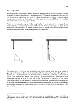 24 
 
3.1.3.4 Esquadrias 
As esquadrias, em geral portas e janelas, podem ser representadas de forma simplificada, ou mais 
detalhada. O desenho CAD permite a utilização de blocos1
, desta forma os elementos repetitivos 
nos  desenhos  de  arquitetura,  tais  como  as  esquadrias,  as  louças  sanitárias,  equipamentos  de 
serviço e outros, podem ser desenhados uma única vez, e formarem uma biblioteca de desenhos, 
a serem inseridos em diversas representações.   
Abaixo  são  apresentadas  representações  simplificadas  de  porta  e  janela  formadas  por  linhas 
independentes,  e  representações  mais  detalhada  das  mesmas  esquadrias,  as  quais  foram 
desenhadas com a finalidade de compor um bloco para uso repetitivo. Quanto menor a escala de 
impressão mais simplificada deve ser a representação da esquadria. 
 
 
 
 
Ao  representar  os  elementos  das  esquadrias  que  faceiam  as  paredes,  tais  como  marcos  e 
guarnições,  devemos  lembrar  que  se  essas  últimas  forem  representadas  por  linhas  grossas,  as 
mesmas irão parcialmente se sobrepor as linhas desses elementos, diminuindo suas dimensões 
visuais  (após  a  impressão).  Nestes  casos,  marcos  e  guarnições  devem  ser  representadas  com 
dimensões  maiores  do  que  as  reais,  de  forma  a  compensar  a  sobreposição  das  linhas 
representativas das paredes. Abaixo são apresentadas duas figuras ilustrando essa situação. Pode‐
se observar que na figura da direita os marcos e as guarnições da porta foram representados com 
suas medidas reais e por conseqüência os mesmos tem suas linhas parcialmente sobrepostas pelas 
das paredes. 
                                                       
1
  Os  blocos  em  desenho  CAD  são  estruturas  compostas. Nessas estruturas, é possível agrupar entidades de
diversos tipos (linhas, arcos, textos, etc), e atribuir-lhes um nome de identificação e um ponto de
inserção. 
 