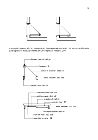 25 
 
 
A seguir são apresentadas as representações de uma porta e uma janela com valores de referência 
para espessuras de seus elementos em uma impressão na escala 1/50.  
 
 
 